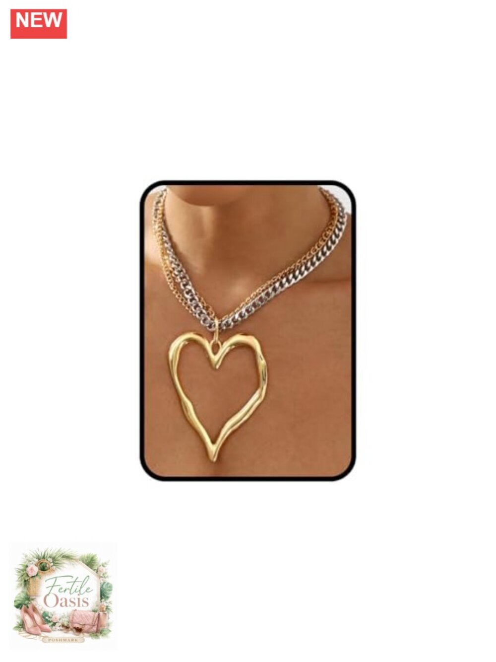 Heart Pendant Necklace, Statement Chunky Chain, 18.9 inch, Stainless Steel,